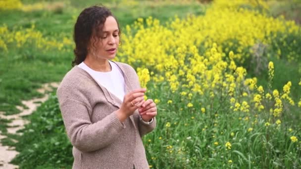Mujer Joven Estornudando Mientras Huele Flores Silvestres Caminando Prado Primavera — Vídeo de stock