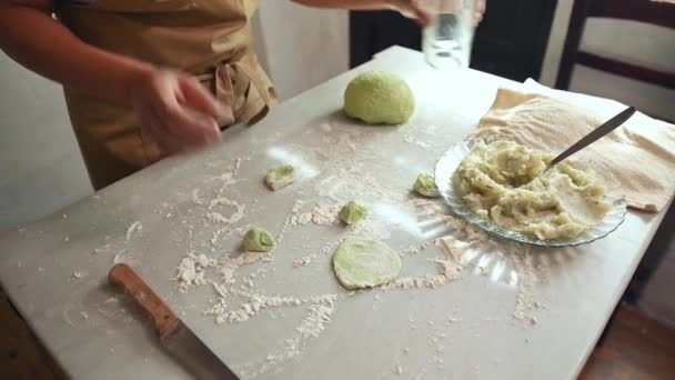 주부의 베이지 앞치마에 요리사 핀으로 소박한 부엌에서 만두를 반죽을 롤아웃 — 비디오