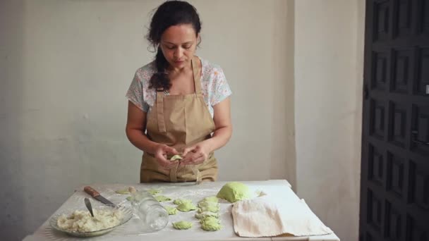 Όμορφη Νοικοκυρά Μπεζ Ποδιά Μαγειρεύοντας Ραβιόλια Πουρέ Πατάτας Στέκεται Στο — Αρχείο Βίντεο