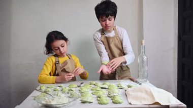 Sevimli çocuklar mutfakta patates püresiyle hamurdan hamur köftesi yontuyorlar. Geleneksel tariflere göre ev yapımı mantı, İtalyan mantısı ya da Ukrayna usulü vareniksi pişirmek.
