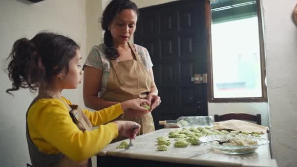 Matka Córka Rzeźbiące Pierogi Tłuczonymi Ziemniakami Wiejskiej Kuchni Domu Gotowanie — Wideo stockowe