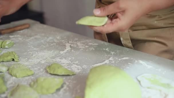 在乡村厨房里 根据传统的菜谱 家庭主妇们用面粉 自制饺子 用土豆泥做的华而不实的模型来做特写 — 图库视频影像