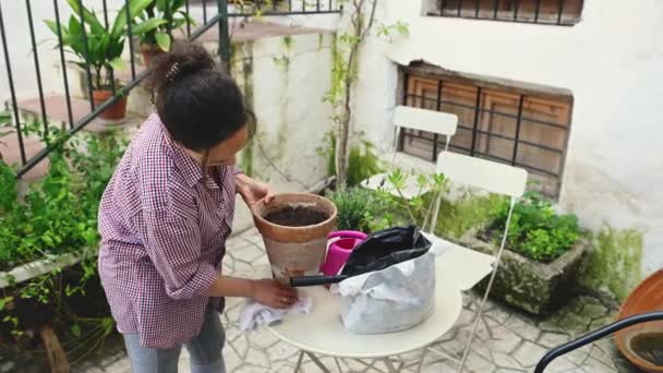 Authentic Portrait Female Florist Working Her Backyard Garden Taking Care — Stock Video
