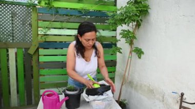 Genç bayan çiçekçi bahçıvan amatör bahçenin arka bahçesindeki çömleklere lavanta tohumu ekiyor. - İnsanlar. Hobiler ve boş vakitler. Kırsal yaşam tarzı. Bahçıvanlık. Çevresel koruma.