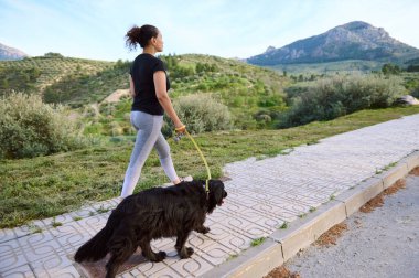 Sportif kadın köpeğini tasmayla gezdiriyor.