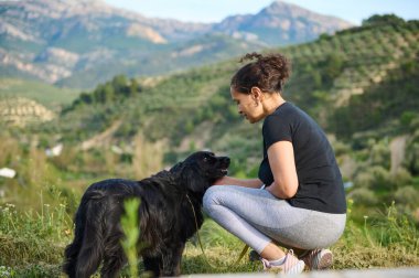 Sevecen genç bir kadın, onu dağlarda gezdirirken evcil köpeğini kucaklıyor. Evcil hayvan ve insan konsepti