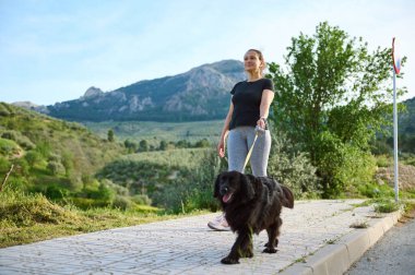 Çok ırklı, mutlu, spor kıyafetli, köpeğini tasmalı bir şekilde gezdiren bir kadın. Evcil hayvan, insan ve hayvan konsepti