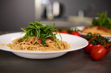 Klasik İtalyan mutfağından yemek arkaplanı. Domatesli makarna, roka yaprağı ve parmesan peyniri. Reklam alanını kopyala. Klasik İtalyan mutfağı..