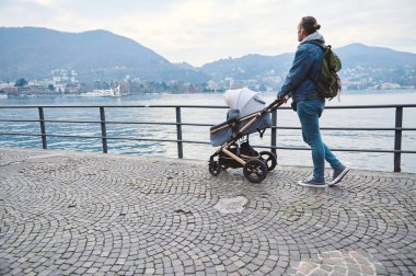 Göl kenarındaki gezintide bebek arabasını iten bir baba. Arka plandaki sisli atmosfer ve dağlar huzurlu bir anı işaret ediyor. Ebeveynlik ve açık hava aktivitesi kavramı.