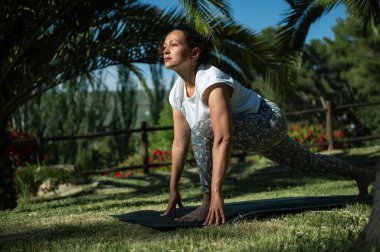 Hareketli yoga pozu veren bir kadın huzurlu bir bahçe ortamında paspasın üzerinde duruyor. Güneşli hava açık hava yoga seansının sakinliğini ve odak noktasını vurguluyor..