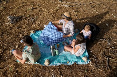 Doğal ortamında battaniyenin üzerinde çocuklarla aile pikniği. Doğa ile çevrili manzaralı bir ortamda rahat bir yemek..