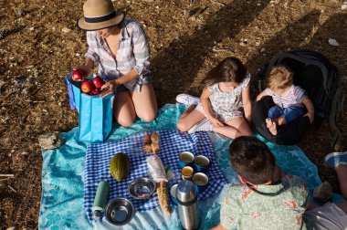 Açık havada piknik yapan bir aile fotoğrafı. Anne, baba ve çocuklar yemek ve içeceklerle bir battaniyeye oturmuş sıcak, rahat ve rahat bir atmosfer yaratıyorlar..