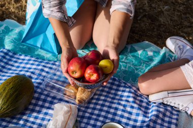 Piknik sırasında elinde bir kase elma tutan birini gösteren yakın plan bir görüntü. Sahnede kareli bir battaniye, çeşitli atıştırmalıklar ve rahat bir açık hava var..