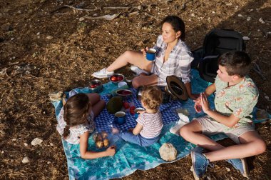 Ormanda battaniyenin üzerinde piknik yapan bir ailenin en iyi görüntüsü. Çocuklar ve ebeveynler doğada birlikte yemek, içki ve kaliteli zaman geçirirler..