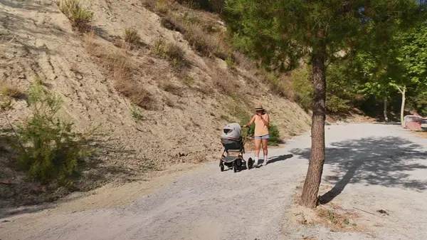 Doğayla çevrili dolambaçlı bir dağ yolunda bebek arabasını iten bir kadın. Güneşli bir gün ve açık hava bir rahatlama ve macera hissi veriyor..