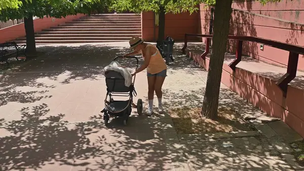 Güneşli bir günde, gölgeli bir parkta bebek arabasını iten bir anne. Aile zamanı, bakım ve açık havada yürüyüş..