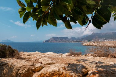 Sakin mavi bir deniz, kayalık bir kıyı şeridi ve yemyeşil yapraklar, berrak bir gökyüzü altında uzak dağlarla gölgelenmiş gölgeler sunar..