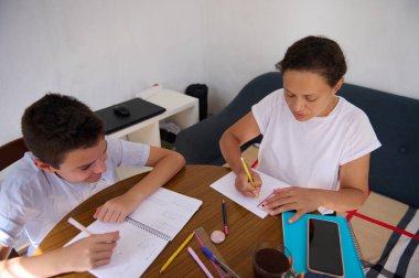 Bir anne ve oğul bir masada birlikte oturuyorlar ve öğrenme seansına katılıyorlar. Kullanılan not defterleri ve kalemlerle aile eğitiminin bağını gösteren ortam rahatlatıcıdır..