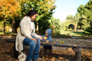 Bir anne ve yavrusu güneşli bir sonbahar gününün tadını çıkarırlar. Parktaki bir bankta, renkli yapraklarla çevrili bir şekilde otururlar. Aile anlarının sıcaklığını ve bağlılığını vurgularlar..