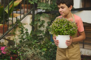 A young boy wearing a gardening apron holds a white pot with blooming flowers, surrounded by greenery. The scene evokes a sense of care and connection with nature. clipart