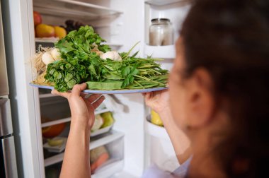 Bir insan, maydanoz ve kişniş de dahil olmak üzere taze yeşillikleri buzdolabında saklar. Görüntü, yerli bir mutfak ortamında sağlıklı bir yaşam ve organizasyon anı yakalıyor..