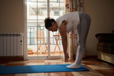 Bir kadın, rahat bir oturma odasında mavi bir paspasın üzerinde yoga esneme hareketi yapıyor. Doğal ışık pencereden akar ve evde egzersiz ve esneklik eğitimi için barışçıl bir atmosfer yaratır..