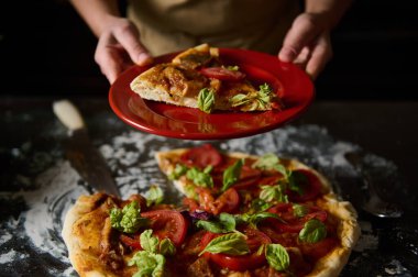 Taze domates ve fesleğenli ev yapımı pizza. Sıcak bir mutfak ortamında kırmızı bir tabakta servis ediliyor..