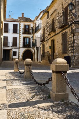 Resimli bir kaldırım taşı caddesinde balkonlu tarihi Akdeniz mimarisi yer alıyor. Güneşli ve huzurlu bir Avrupa köyü sahnesinin özünü yansıtıyor..