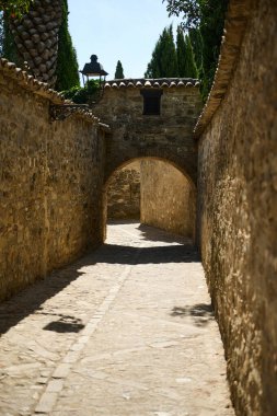 Kırsal duvarları olan dar, taştan dar bir sokak, berrak bir gökyüzünün altında yeşilliklerle çevrili, kemerli bir geçide çıkıyor..