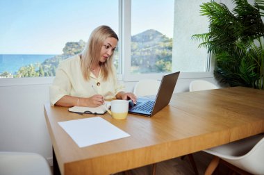 Parlak bir ortamda uzaktan çalışan, notlar yazan ve kahveden zevk alırken dizüstü bilgisayar kullanan odaklı profesyonel bir kadın. Arkaplan, ayarları artıran manzaralı bir açık hava görünümünü gösterir.
