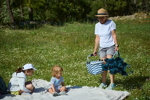 Doğada sakin bir aile, anneleri pikniği hazırlarken battaniyeye oturmuş çocukları tasvir ediyor, çevresi yeşillik ve güneşle çevrili, dış mekandaki ahengi somutlaştırıyor..