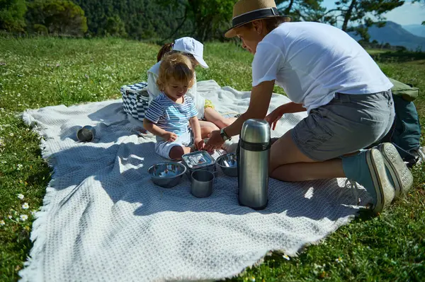 Bir aile açık havada bir battaniyenin üzerinde toplanır, güzel dağlık ve yeşil bir ortamda yaz pikniğini paylaşırlar. Sahne neşe, sevgi ve açık hava kutlamalarının ruhunu temsil ediyor..