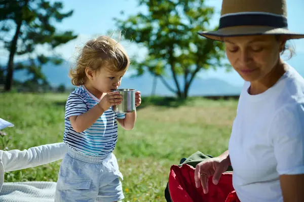 Bir ebeveyn ve çocuğun dışarıda yeşil çimenler ve canlı, güneşli bir dağla çevrili pikniğin tadını çıkardığı huzurlu bir an..
