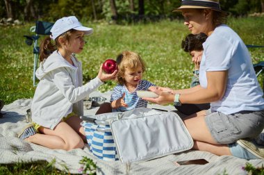 Neşeli bir aile, yaz güneşinin altında sakin bir dağ çayırında piknik yapmak için toplanıyor. Aile bağlarını ve açık hava yemeklerinin güzelliğini ön plana çıkarıyor..