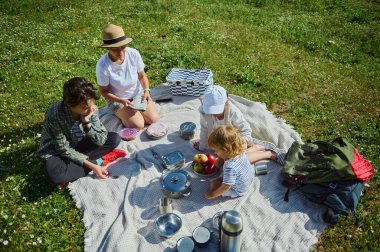 Güneşli açık havada aile pikniği, yiyecek ve içeceklerle vakit geçirmek. Doğal ve huzurlu bir ortamda bağlantı ve neşe anları yakalıyor..