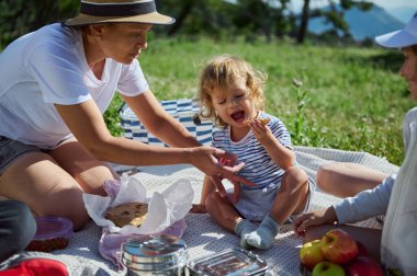 Bir anne güzel bir dağ manzarasında güneşli bir açık hava pikniğinde küçük çocuklarıyla yemek paylaşır. Aile, doğanın içinde birlikte vakit geçirmekten hoşlanıyor..