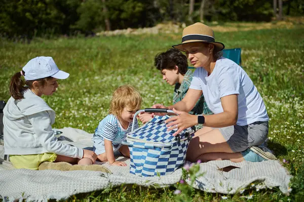 Bir anne ve çocukları, dağlarda çiçeklerle dolu bir çayırda hoş bir yaz pikniği yapıyorlar. Aile, açık havada, parlak güneş ışığında, doğayı kucaklayarak güzel vakit geçirir..