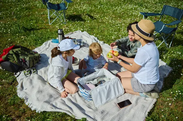 Bir anne ve çocukları güneşli bir açık hava pikniğinin tadını çıkarıyorlar. Güzel dağ manzarası arasında sağlıklı ikramları paylaşıyorlar. Beraberliğin ve doğanın önemini vurguluyorlar..