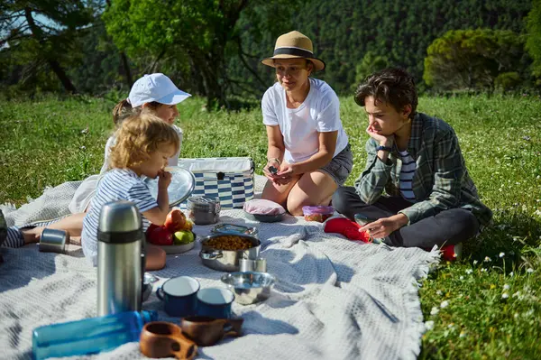 Güneşli bir yaz gününde birlikte pikniğin tadını çıkaran bir aile güneşli bir yaz gününde manzaralı dağ manzarasıyla çevrili..