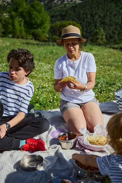 Bir aile, güneşli bir yaz gününde, bereketli bir dağ manzarasında, doğa ve birlikteliği kucaklayarak piknik yaparak kaliteli zaman geçirir..