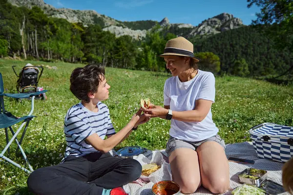Bir anne ve çocuk, dağlarla çevrili çimenli bir yamaçta güneşli bir günde taco paylaşarak keyifli bir pikniğin tadını çıkarırlar. Açık hava yemekleri, aile bağları ve doğa takdiri gibi konular için mükemmel..