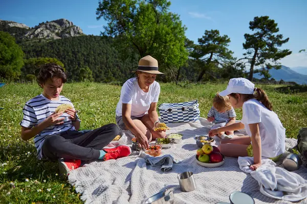 Sevgi dolu bir aile, güneşli bir yaz gününde açık gökyüzünün altındaki manzaralı bir dağda sağlıklı bir pikniğin tadını çıkarır..