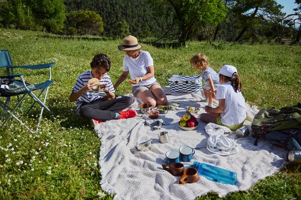 Bir aile, el değmemiş dağ manzaralarıyla çevrili keyifli bir pikniği paylaşıyor. Birlikte geçirdiğimiz zamanı kutluyor ve sıcak yaz güneşinde taco yemeklerini yiyor..