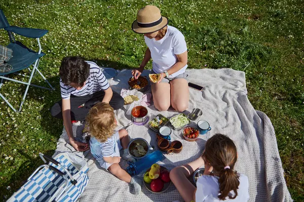 Bir aile, güneşli bir günde açık havada pikniğin tadını çıkarır. Onlar yeşil çimenler ve neşeli atmosferle çevrili bir battaniyenin üzerinde otururlar, yiyeceklerini paylaşırlar..