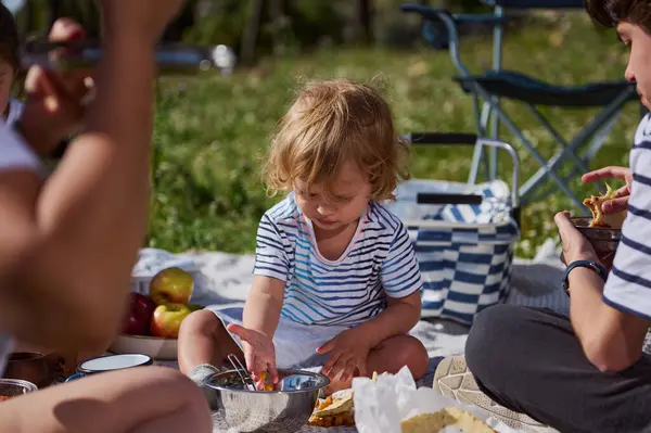 Neşeli bir aile doğada pikniğin tadını çıkarır, yiyeceği ve bağı paylaşır. Dostane atmosfer beraberliği, aşkı ve açık hava aktivitelerini takdir etmeyi vurguluyor..