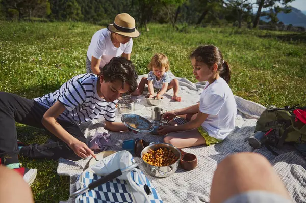 Güneşli bir günde, açık havada, dağlarda yemek yerken aile bağı. Kahkaha, birliktelik ve canlı yeşil çevreyle dolu bir piknik sahnesinden hoşlanırlar..