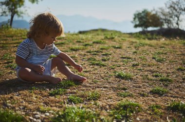 Genç bir çocuk güneşli bir günde rahat bir şekilde oturur, çimenli bir alanda oynar ve keşfe çıkar. Açık hava atmosferi barışı, merakı ve doğayla bağlantıyı vurguluyor..
