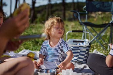Küçük bir çocuk güneşli bir piknikte ailesiyle birlikte yakalandı. Doğa ile çevrelenmiş olarak, rahat ve neşeli bir günde faaliyetlerle meşgul oluyorlar..