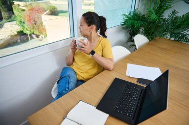 Bir iş kadını rahat ofisinden uzaktan çalışır, rahatlamak için bir kahve içer ve güzel bir manzarayı seyreder..