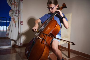 Çalışkan genç bir enstrümantalist rahat bir iç mekanda çello tekniği uyguluyor, müzik yeteneği, konsantrasyon ve keyifli bir ortamda beceri geliştirme arayışı sergiliyor..